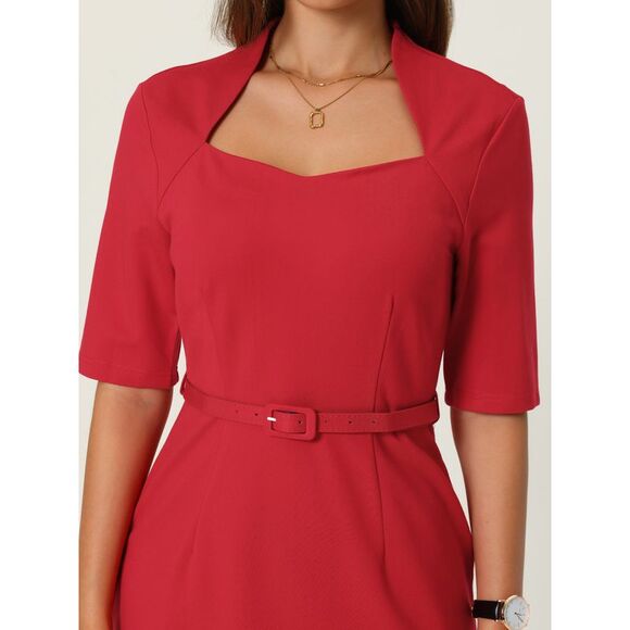 Women's Church Sheath Dresses with Belt Sweetheart Neck Formal Pencil Dress Red - Picture 4 of 6